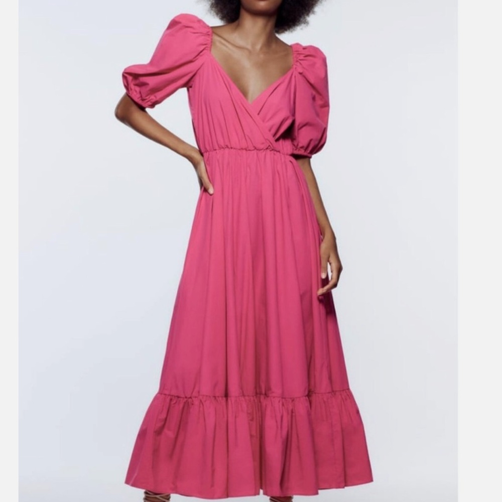 ZARA WOMAN DARK FUCHSIA PUFF SLEEVE MIDI DRESS 3067/331